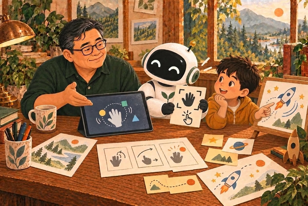 พ่อ Buddy และลูกช่วยกันคิดเกม ก่อนเริ่มทดลองควบคุมด้วยการเคลื่อนไหวบนแท็บเล็ต