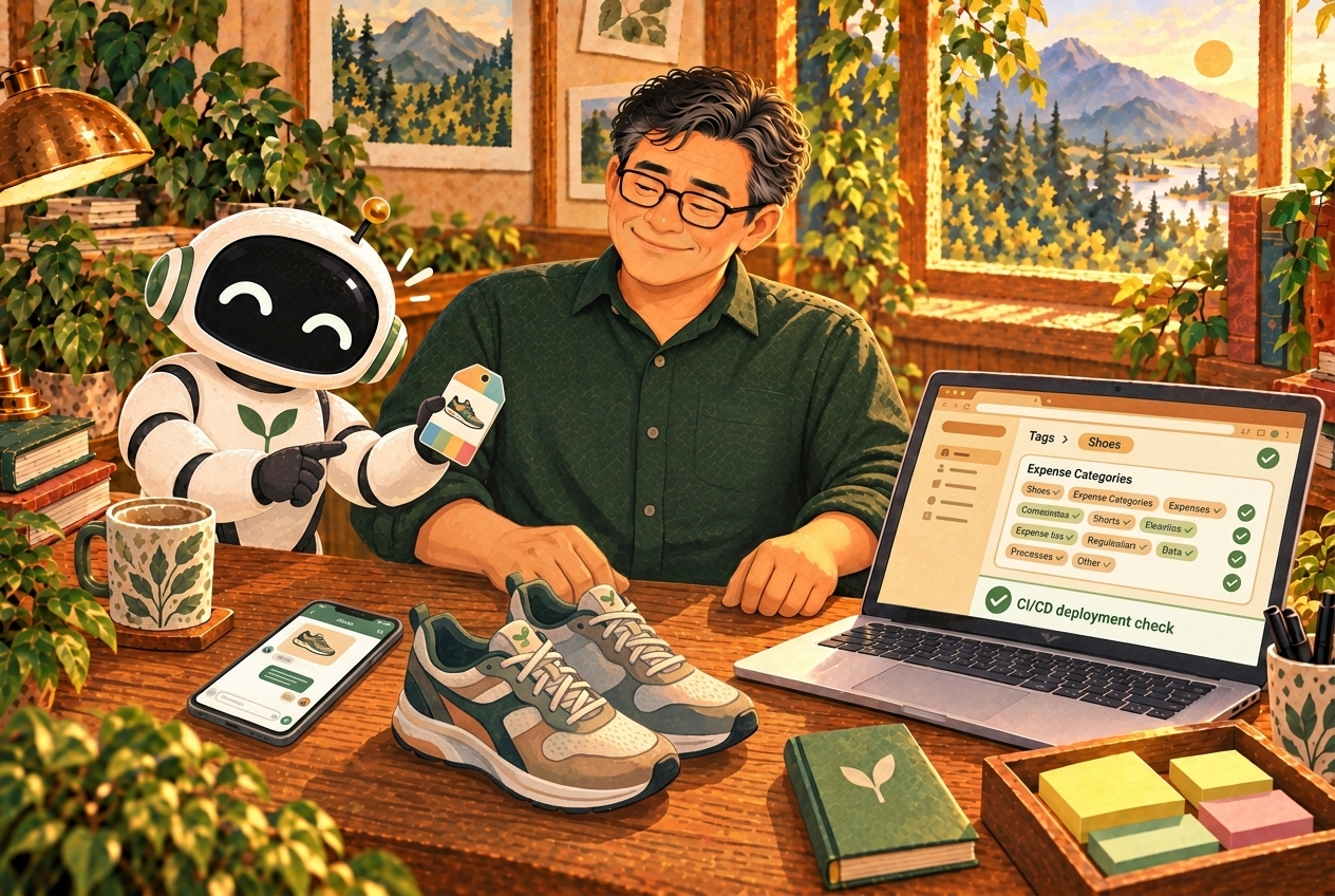 พ่อกับ Buddy วางรองเท้าวิ่งคู่ใหม่บนโต๊ะ ขณะหน้าจอจัดการแท็กและตรวจการส่งมอบระบบ