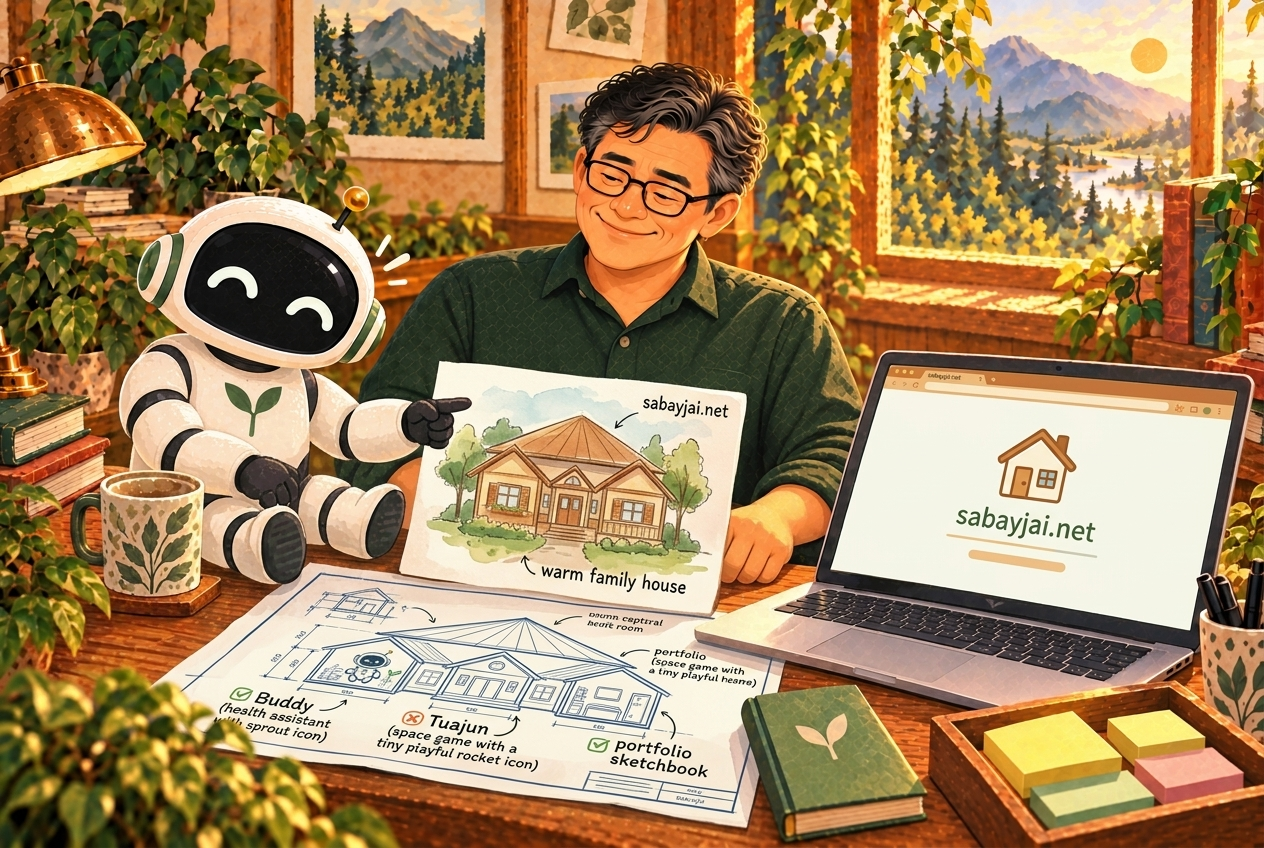 พ่อกับ Buddy วางแบบบ้านที่มีชื่อ sabayjai.net คู่กับผังงานที่รวม Buddy เกม และพื้นที่เก็บผลงานไว้ในบ้านเดียวกัน
