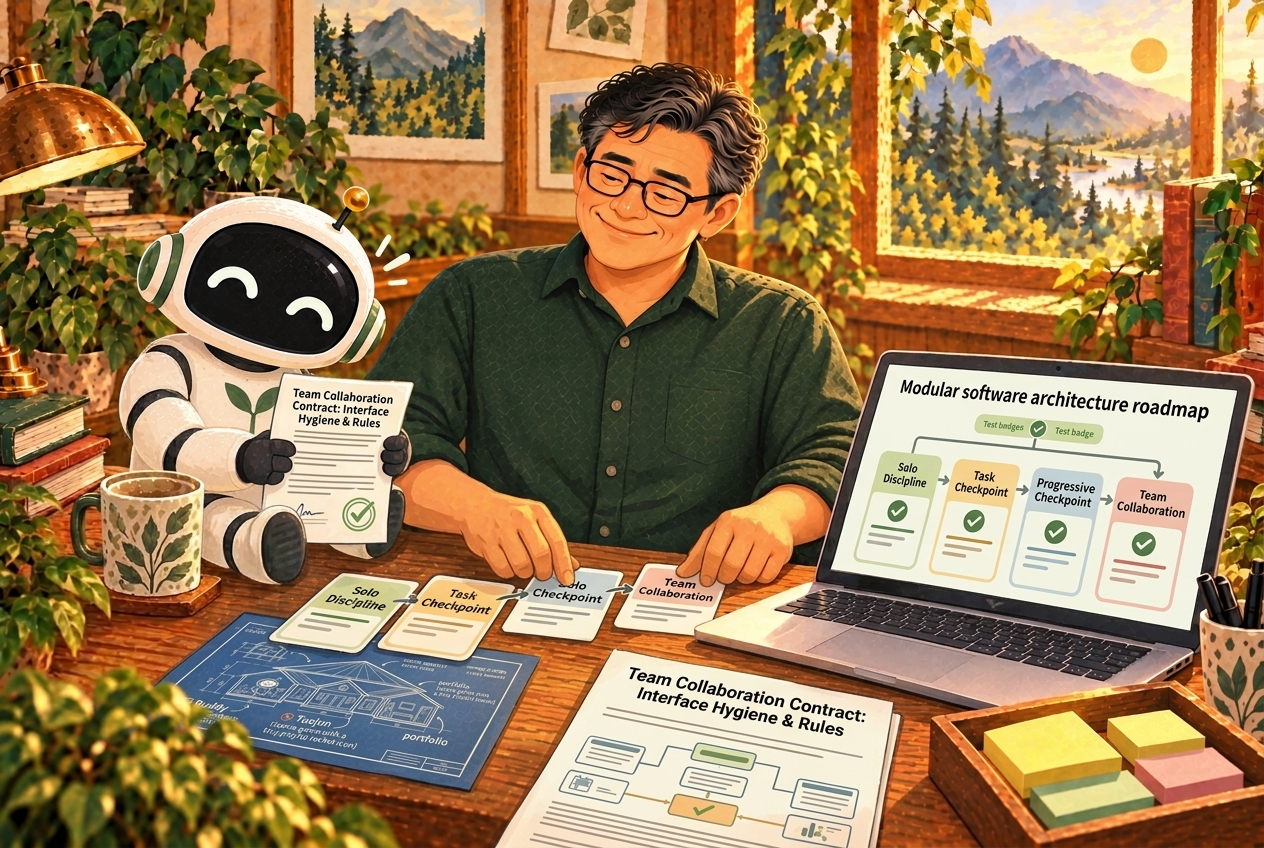 พ่อกับ Buddy เรียงการ์ดสัญญาการทำงานร่วมกันของทีม คู่กับแผนผังสถาปัตยกรรมบนหน้าจอ